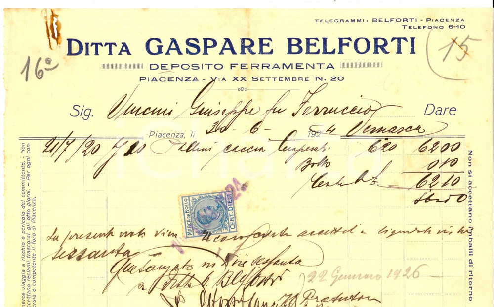 Documento originale, autentico 1924 PIACENZA Ditta Gaspare BELFORTI Deposito ferramenta *Fattura intestata 1