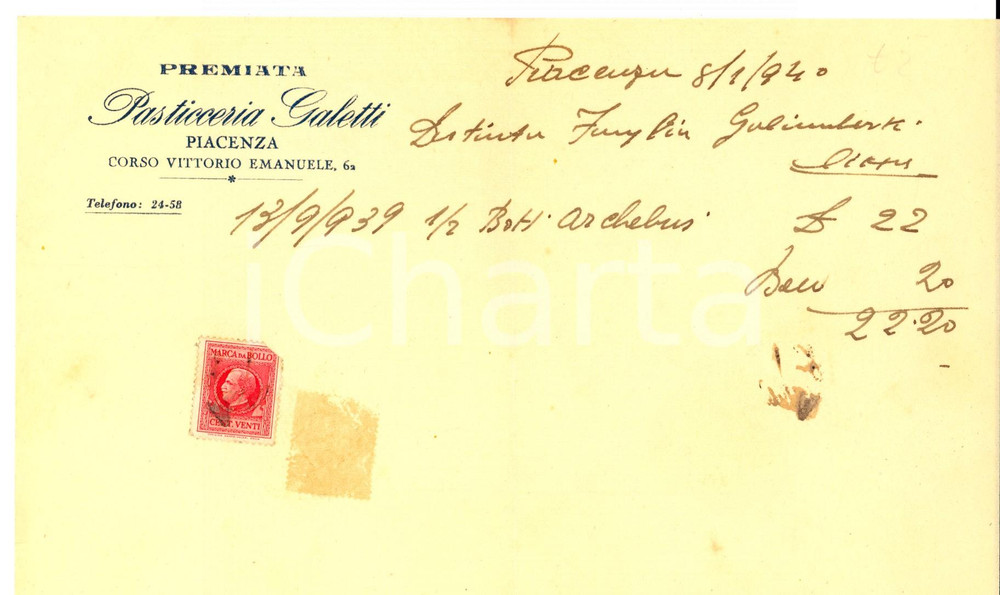 Documento originale, autentico 1940 PIACENZA Premiata Pasticceria GALETTI Ricevuta per ARCHEBUSI Fattura 1