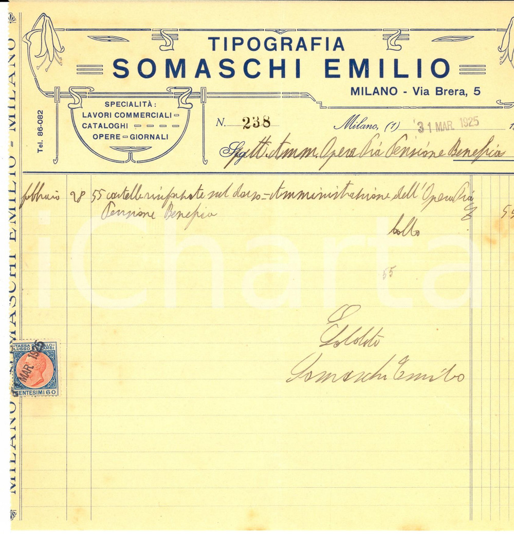 Documento originale, autentico 1925 MILANO Tipografia Emilio SOMASCHI cataloghi Fattura intestata 1