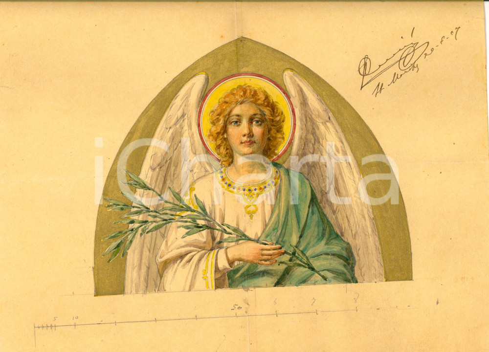 Stampa, bozzetto originale 1907 ARTE SACRA Angelo con ramo d'ulivo *Bozzetto FIRMATO acquerellato a mano 1