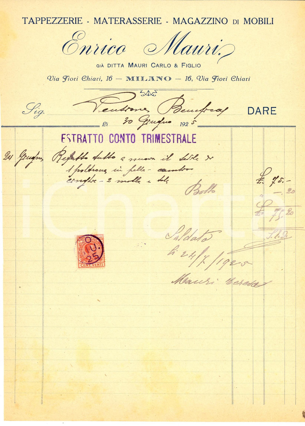 Documento originale, autentico 1925 MILANO Ditta Enrico MAURI Tappezzerie e materasserie Estratto conto 1