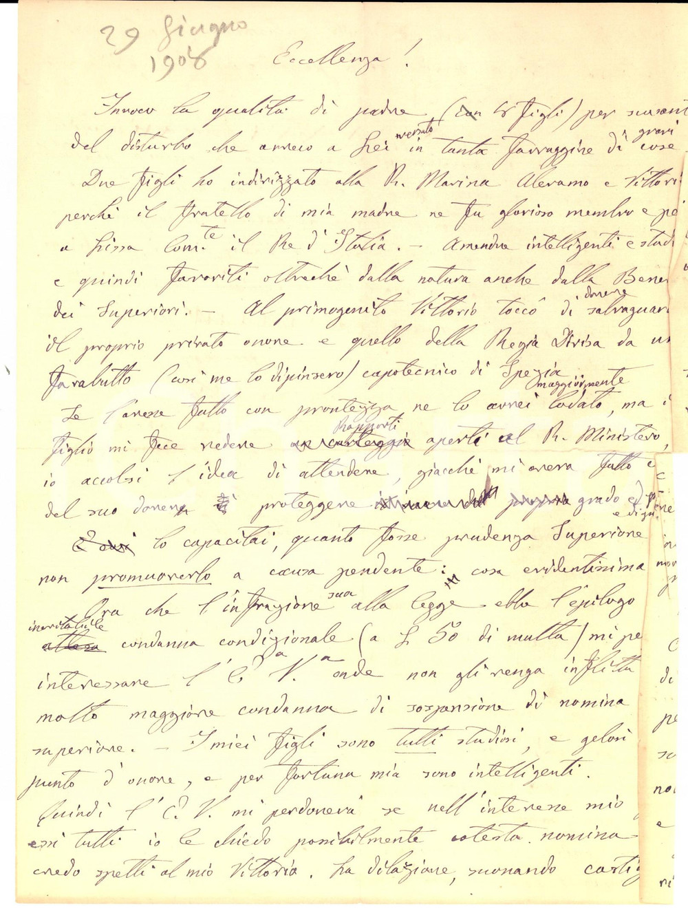 Manoscritto, lettera originale 1908 TORINO (?) Conte Celestino TORNIELLI difende il figlio dopo  un duello 1