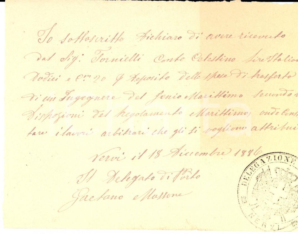 Manoscritto, lettera originale 1886 GENOVA NERVI Ricevuta delegato di porto Gaetano MASSONE per spese trasferta 1