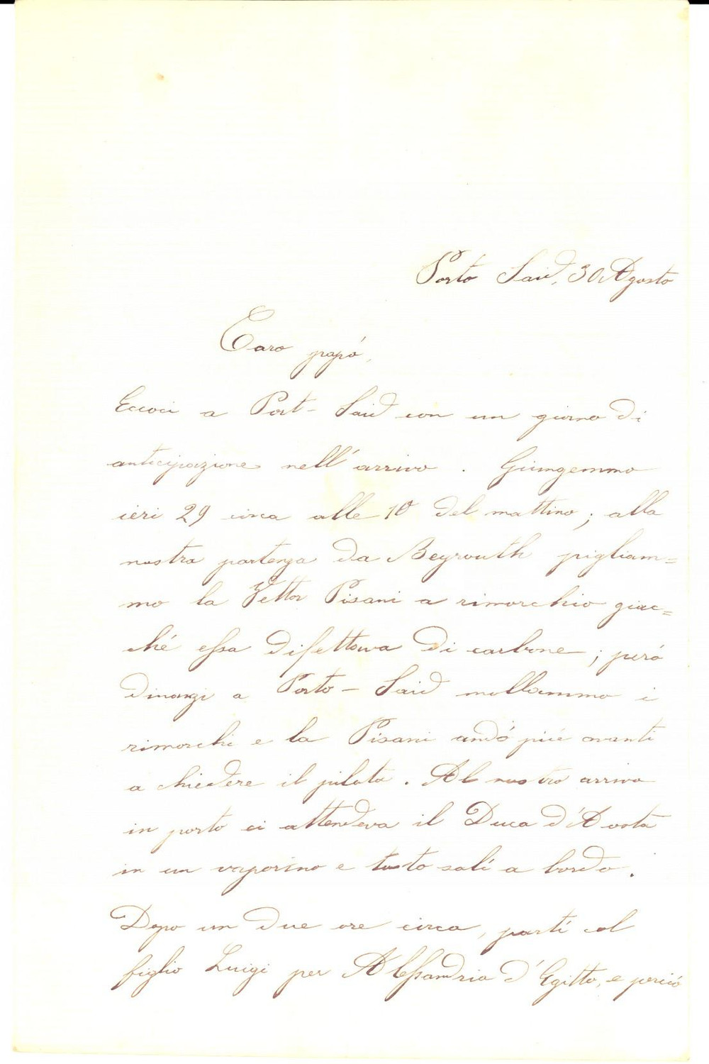 Manoscritto, lettera originale 1890 ca PORT SAID Vittorio TORNIELLI e il rimorchio della VETTOR PISANI *Lettera 1