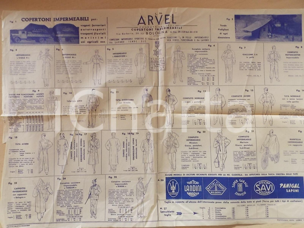 Materiale pubblicitario d’epoca 1957 BOLOGNA Ditta ARVEL Completi impermeabili Pubblicitario 50x35 su velina 1