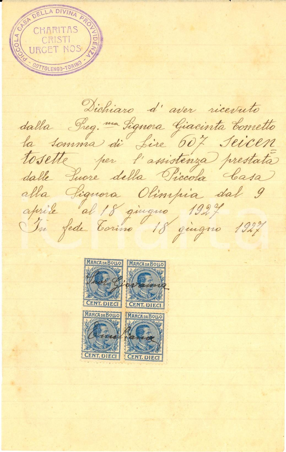 Documento originale, autentico 1927 TORINO COTTOLENGO Ricevuta per l' assistenza prestata dalle suore 1