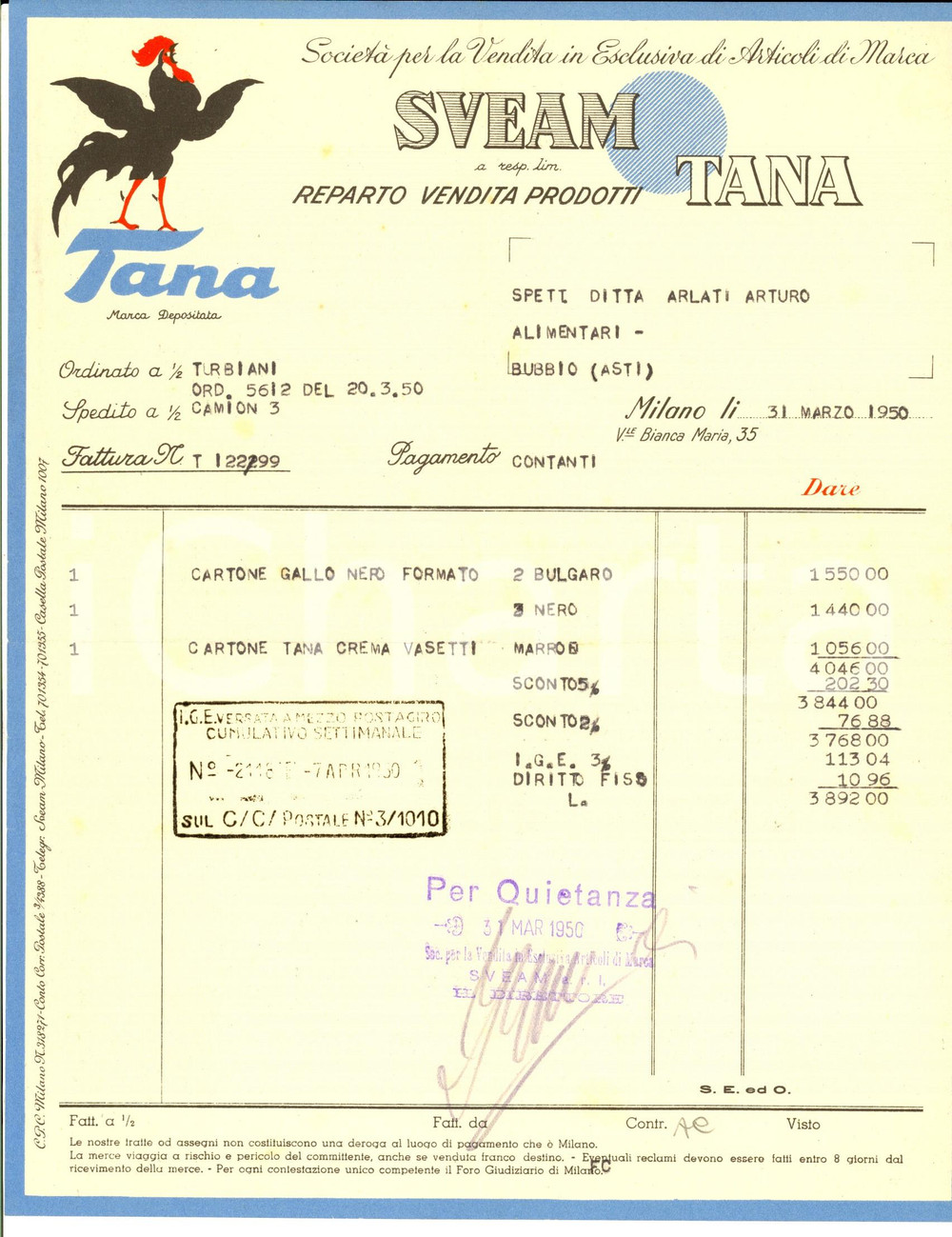 Documento originale, autentico 1950 V. Bianca Maria 35 MILANO SVEAM Vendita prodotti TANA Fattura ILLUSTRATA 1