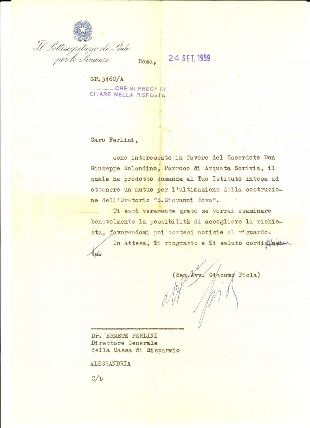 Autografo originale 1959 ROMA Senatore Giacomo PIOLA pro oratorio SAN GIOVANNI BOVO *Autografo 1