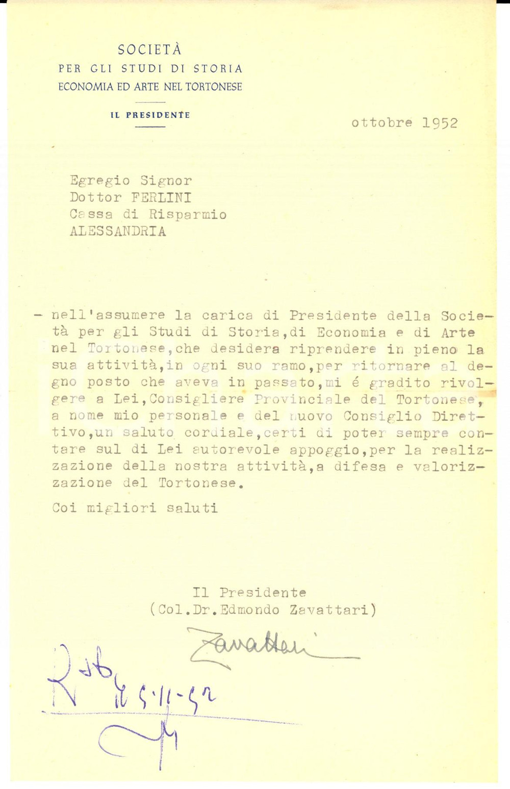 Autografo originale 1960 TORTONA Società Studi di Storia Lettera Edmondo ZAVATTARI Autografo 1