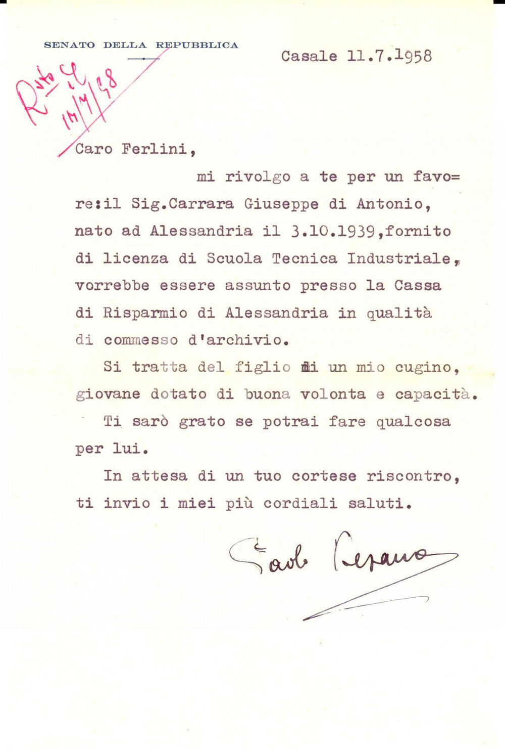 Autografo originale 1958 CASALE MONFERRATO (AL) On. Paolo DESANA raccomanda un commesso *Autografo 1