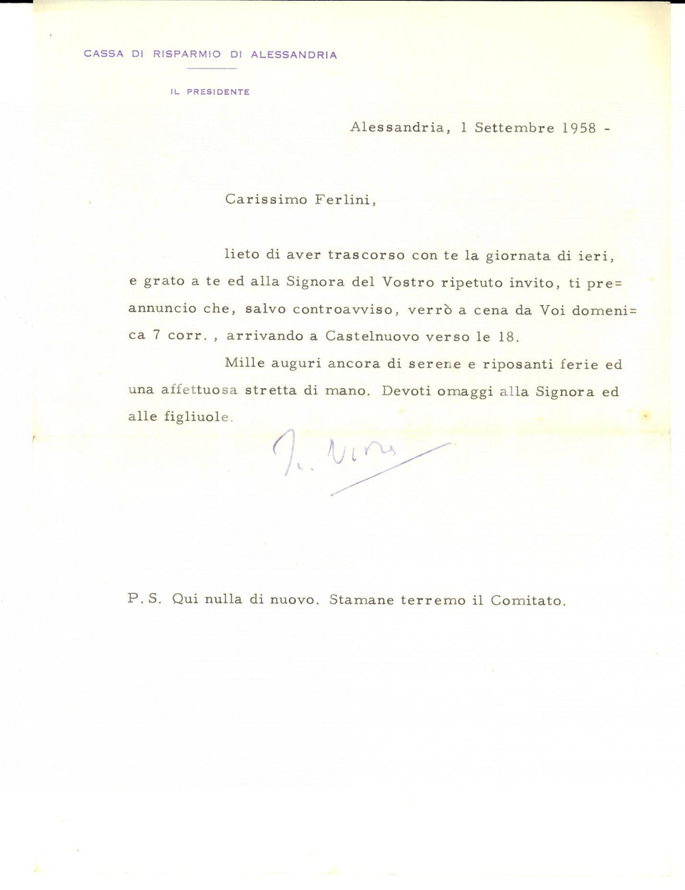 Autografo originale 1958 ALESSANDRIA Cassa di Risparmio - Ringraziamenti di Marco Enrico VIORA 1