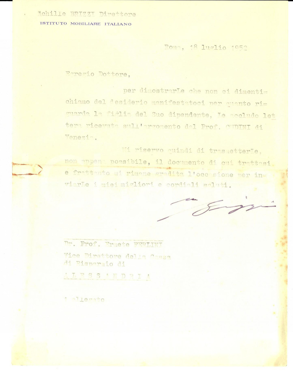 Autografo originale 1952 ROMA Istituto Mobiliare Italiano - Lettera Achille BRIZZI a Ermete FERLINI 1