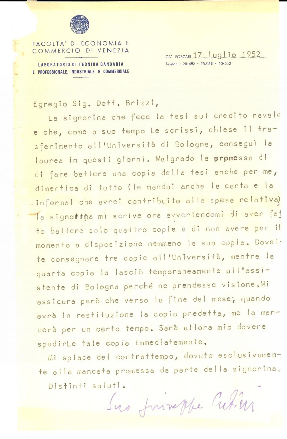 Autografo originale 1952 VENEZIA FacoltÃ  di Economia - Giuseppe CUDINI su una tesi di laurea 1