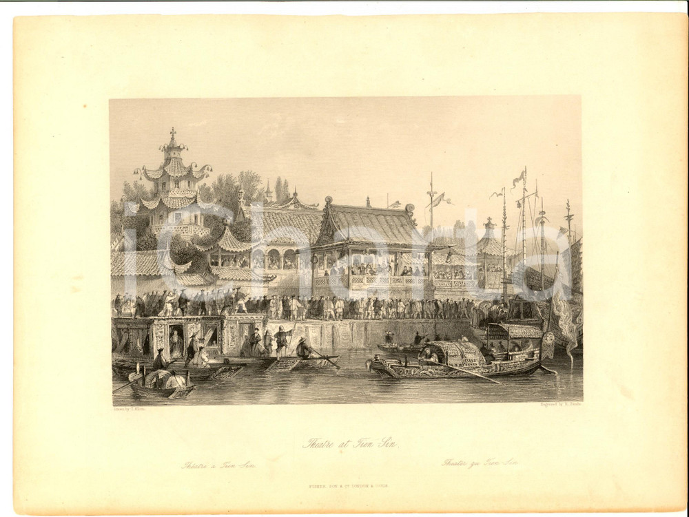 Stampa, bozzetto originale 1843 T. ALLOM - G. N. WRIGHT Theatre at TIEN-SIN *Stampa inc. SANDS 27x20 cm 1