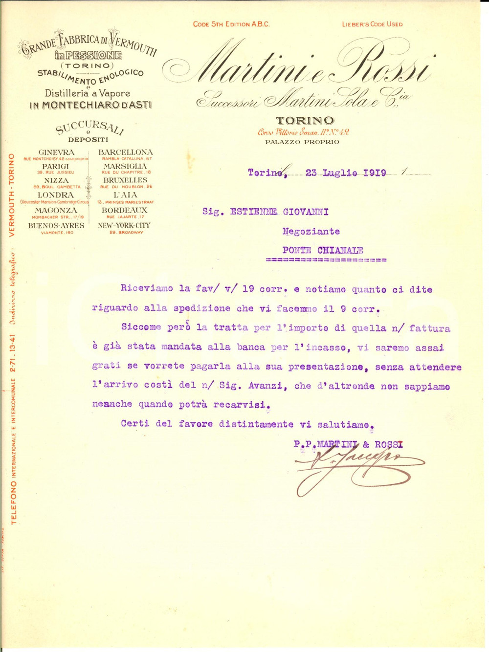 Manoscritto, lettera originale 1919 TORINO SocietÃ  MARTINI & ROSSI Fabbrica vermouth *Lettera commerciale 1