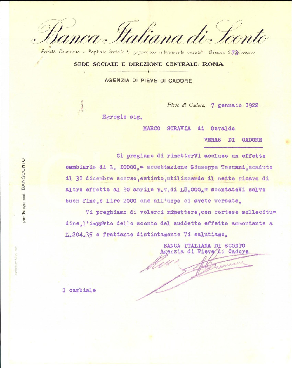 Manoscritto, lettera originale 1922 PIEVE DI CADORE BANCA ITALIANA DI SCONTO Lettera per effetto cambiario 1