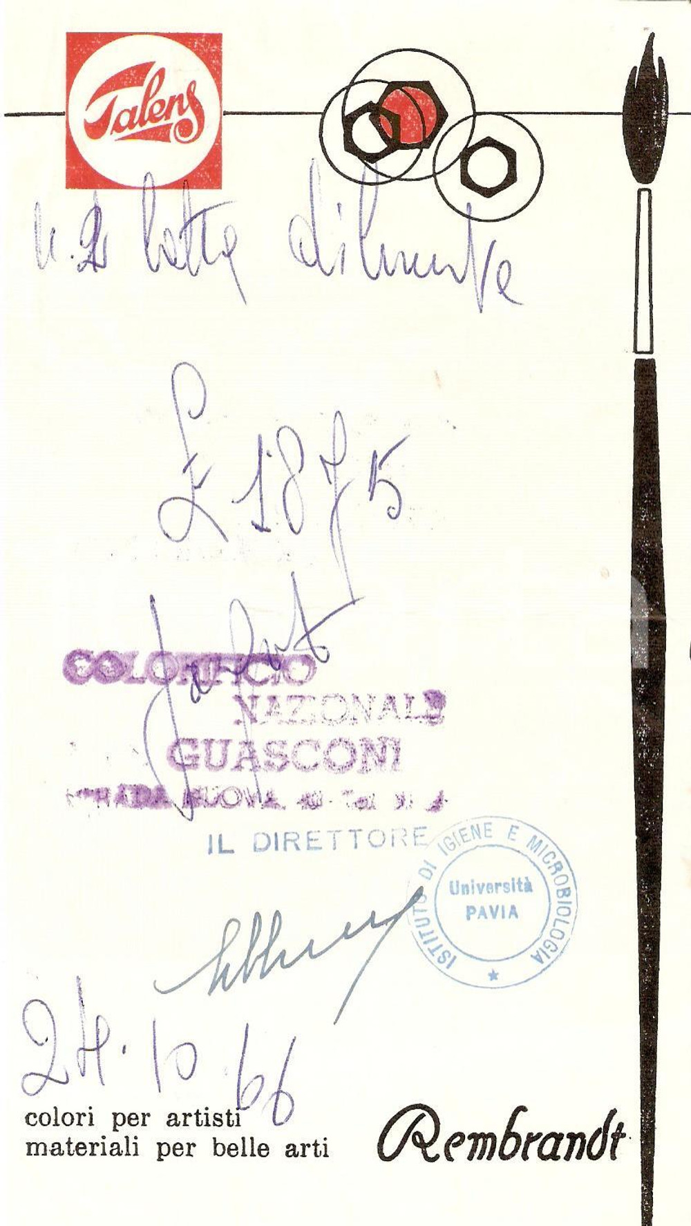 Materiale pubblicitario d’epoca 1966 PAVIA Colorificio GUASCONI - TALENS Colori REMBRANDT *Ricevuta 10x19 cm 1