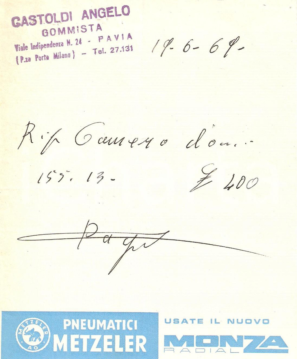 Materiale pubblicitario d’epoca 1969 PAVIA Gommista Angelo CASTOLDI Penumatici METZELER *Ricevuta 14x17 cm 1