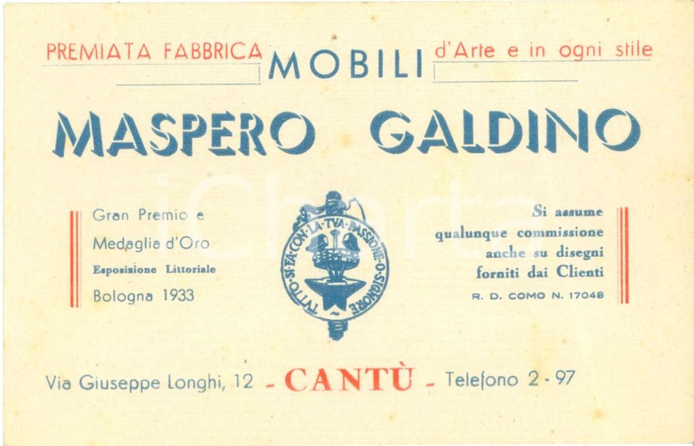 Materiale pubblicitario d’epoca 1943 CANTU  CO Mobili Galdino MASPERO Fabbrica d arte in ogni stile Biglietto 1