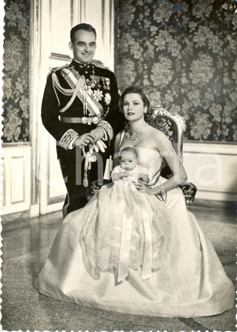 Cartolina originale da collezione 1957 PRINCIPATO MONACO Principe RANIERI Grace KELLY e neonata Caroline Cartolina 1