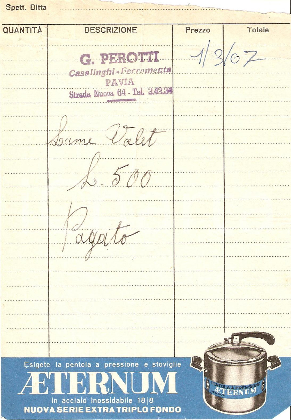 Materiale pubblicitario d’epoca 1967 PAVIA Casalinghi PEROTTI Pentola a pressione AETERNUM *Fattura 14x20 cm 1
