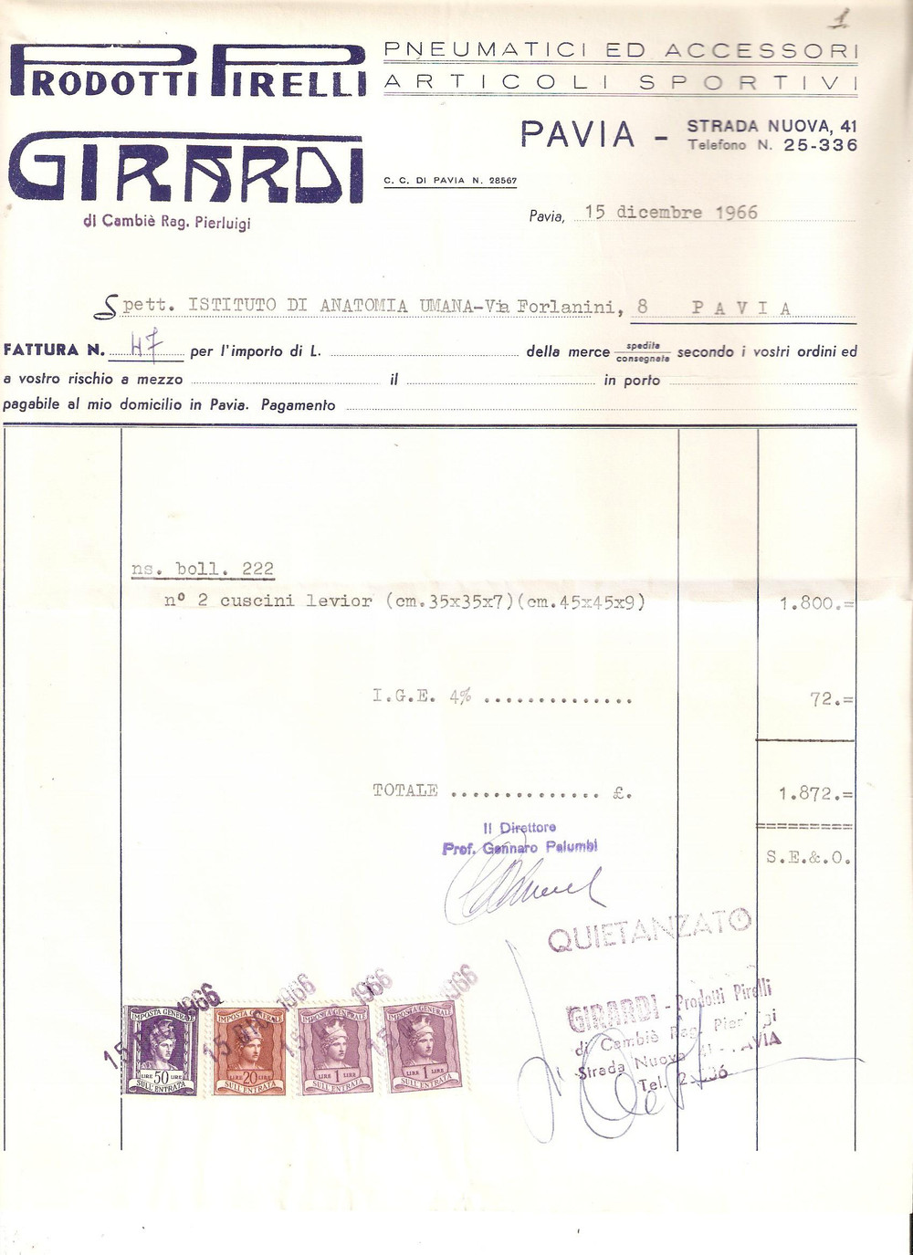 Materiale pubblicitario d’epoca 1966 PAVIA Pneumatici e articoli sportivi PIRELLI Ferramenta GIRARDI *Fattura 1