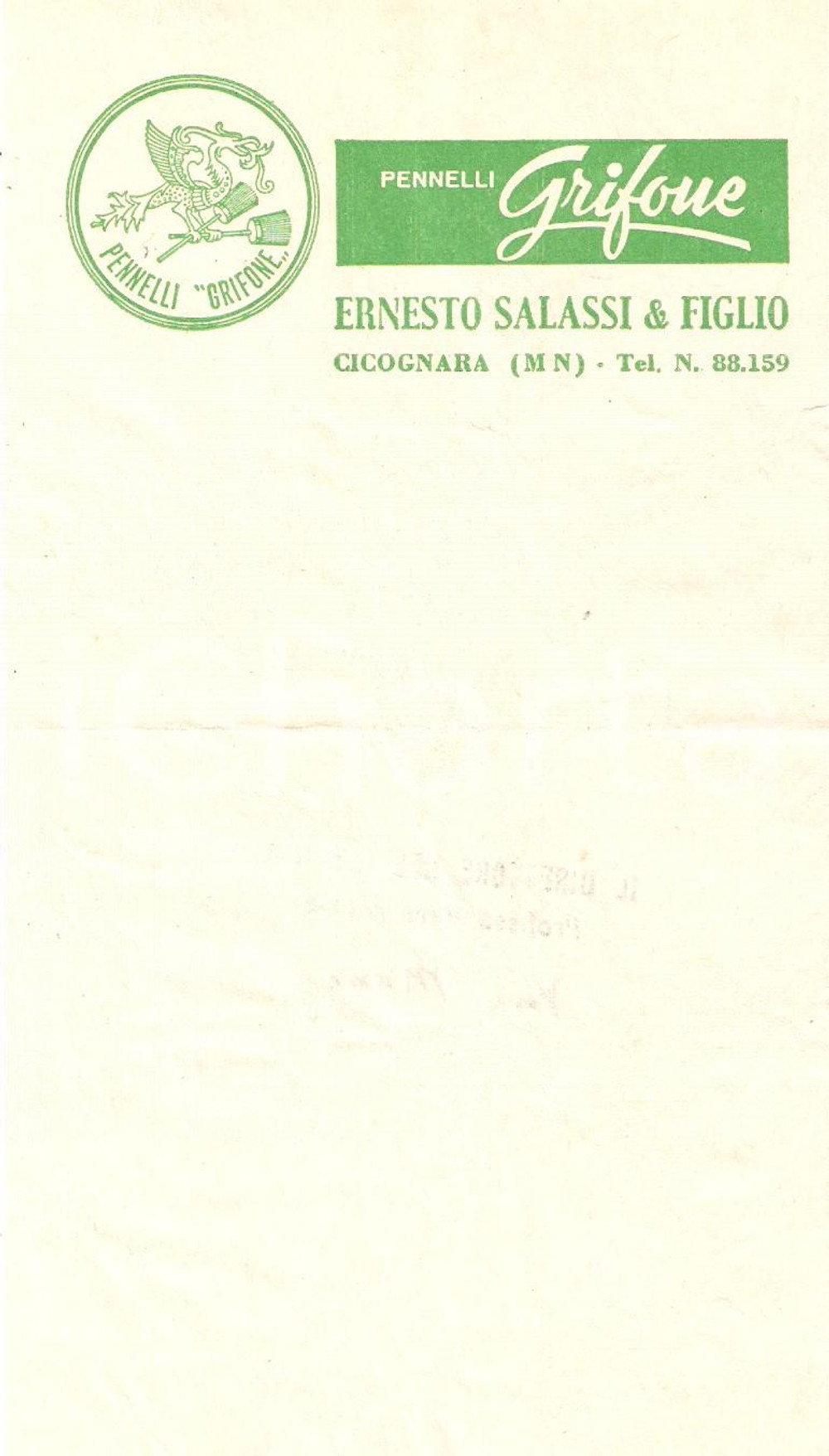 Materiale pubblicitario d’epoca 1968 CICOGNARA (MN) Pennelli GRIFONE di Ernesto SALASSI *Ricevuta 10x17 cm 1