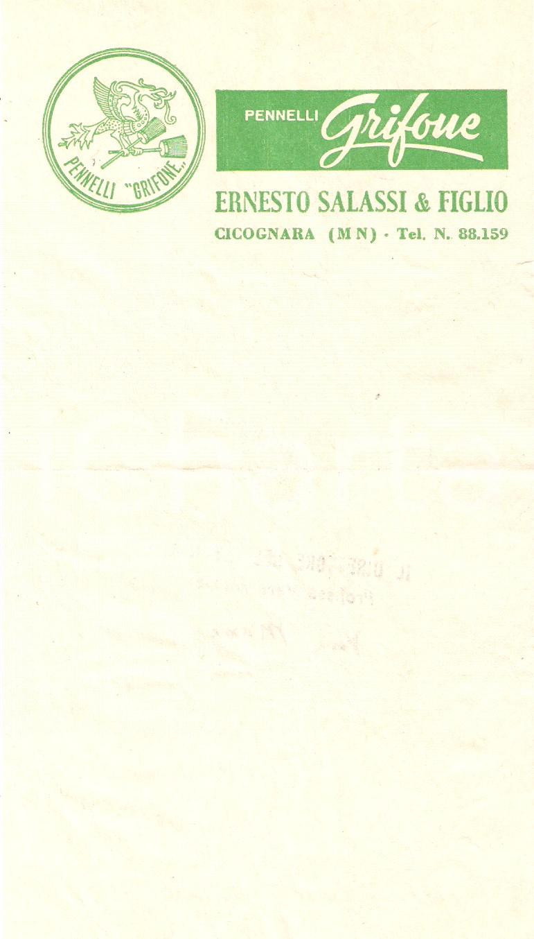 Materiale pubblicitario d’epoca 1968 CICOGNARA MN Pennelli GRIFONE di Ernesto SALASSI Ricevuta 10x17 cm 1