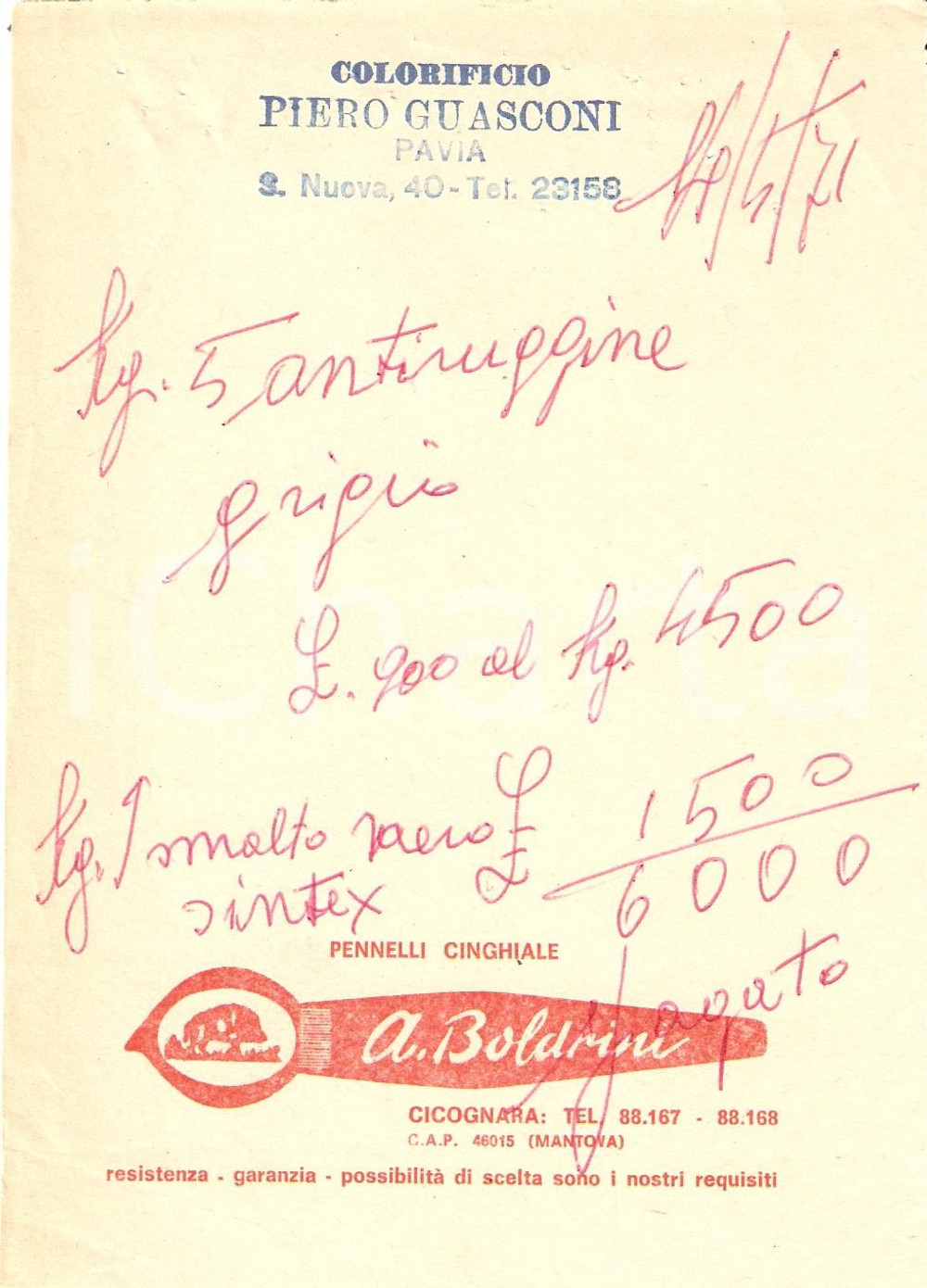 Materiale pubblicitario d’epoca 1971 PAVIA Colorificio GUASCONI Pennelli CINGHIALE Ditta BOLDRINI Ricevuta (1) 1