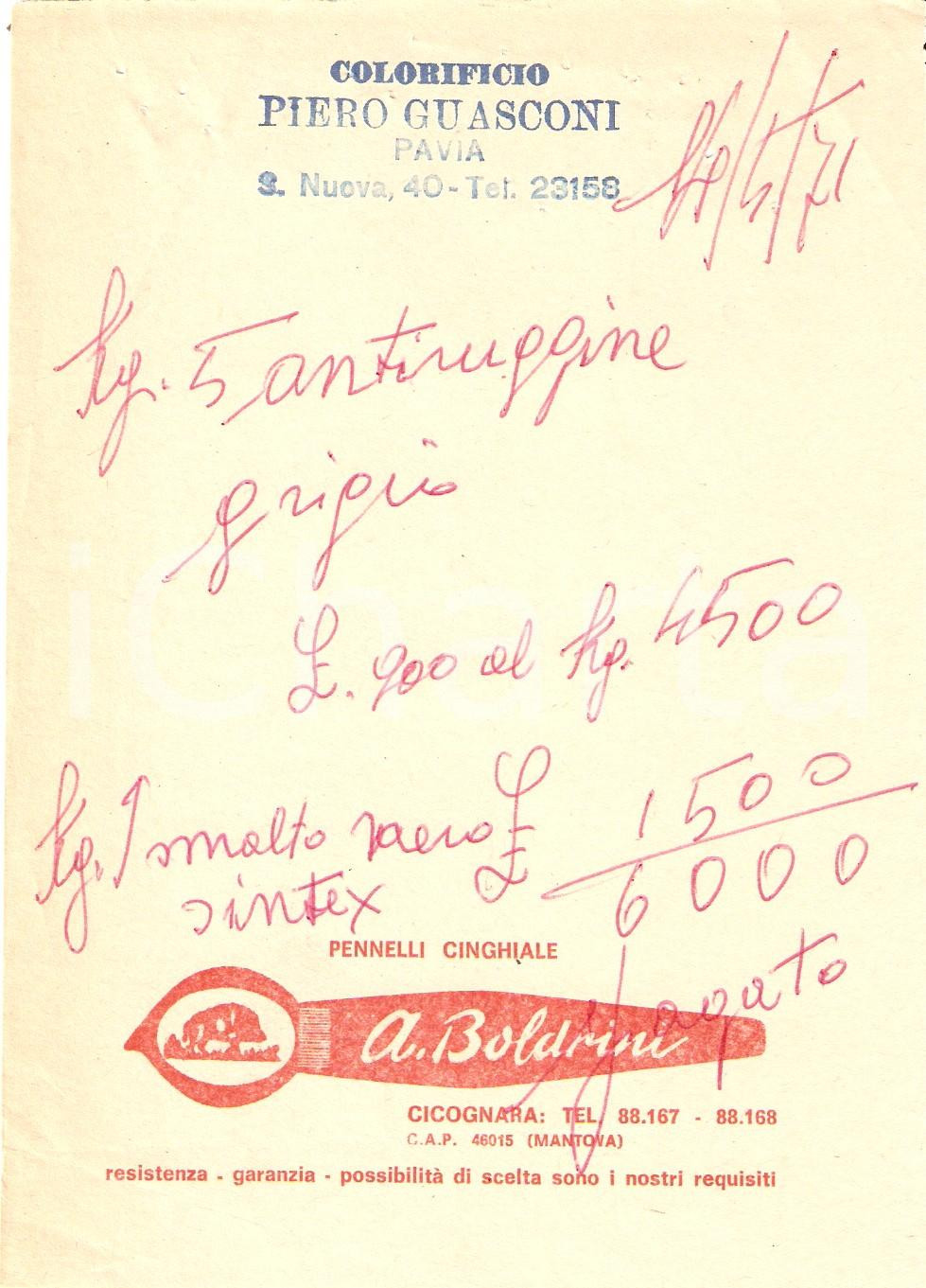 Materiale pubblicitario d’epoca 1971 PAVIA Colorificio GUASCONI Pennelli CINGHIALE Ditta BOLDRINI Ricevuta 1 1