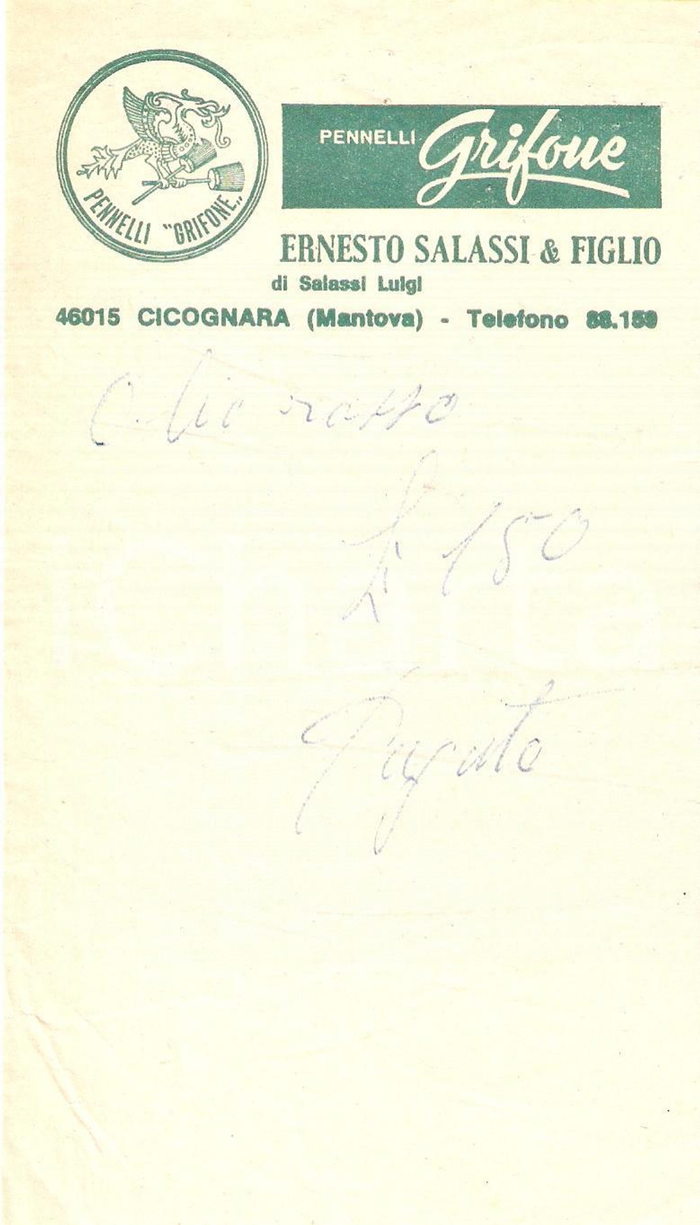 Materiale pubblicitario d’epoca 1965 ca CICOGNARA (MN) Pennelli GRIFONE di Ernesto SALASSI *Ricevuta 10x17 cm 1