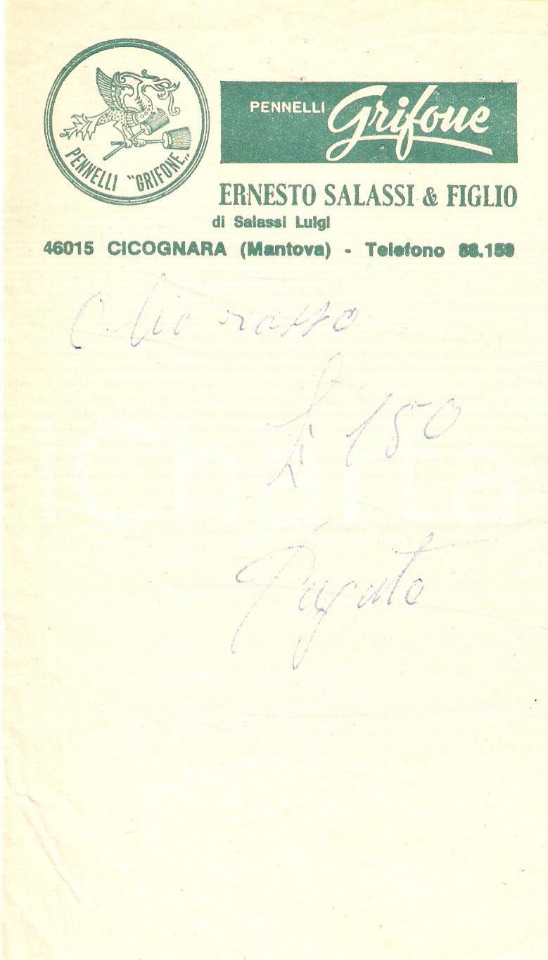 Materiale pubblicitario d’epoca 1965 ca CICOGNARA MN Pennelli GRIFONE di Ernesto SALASSI Ricevuta 10x17 cm 1