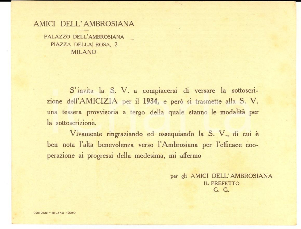 Oggetto da collezione cartaceo 1934 MILANO AMICI DELL'AMBROSIANA Invito per sottoscrizione tessera 1