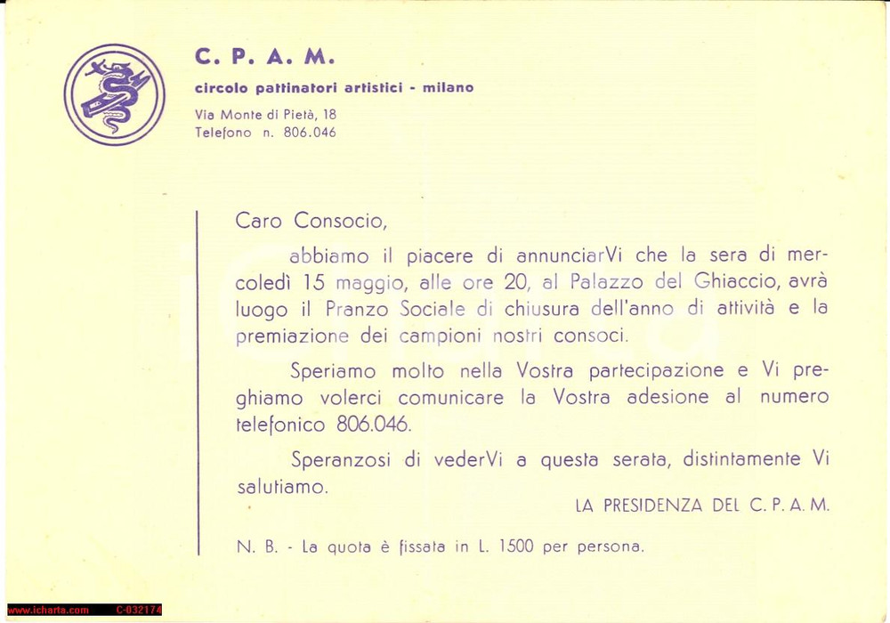 Documento originale, autentico 1960 ca MILANO Cena del Circolo Pattinatori Artistici 1
