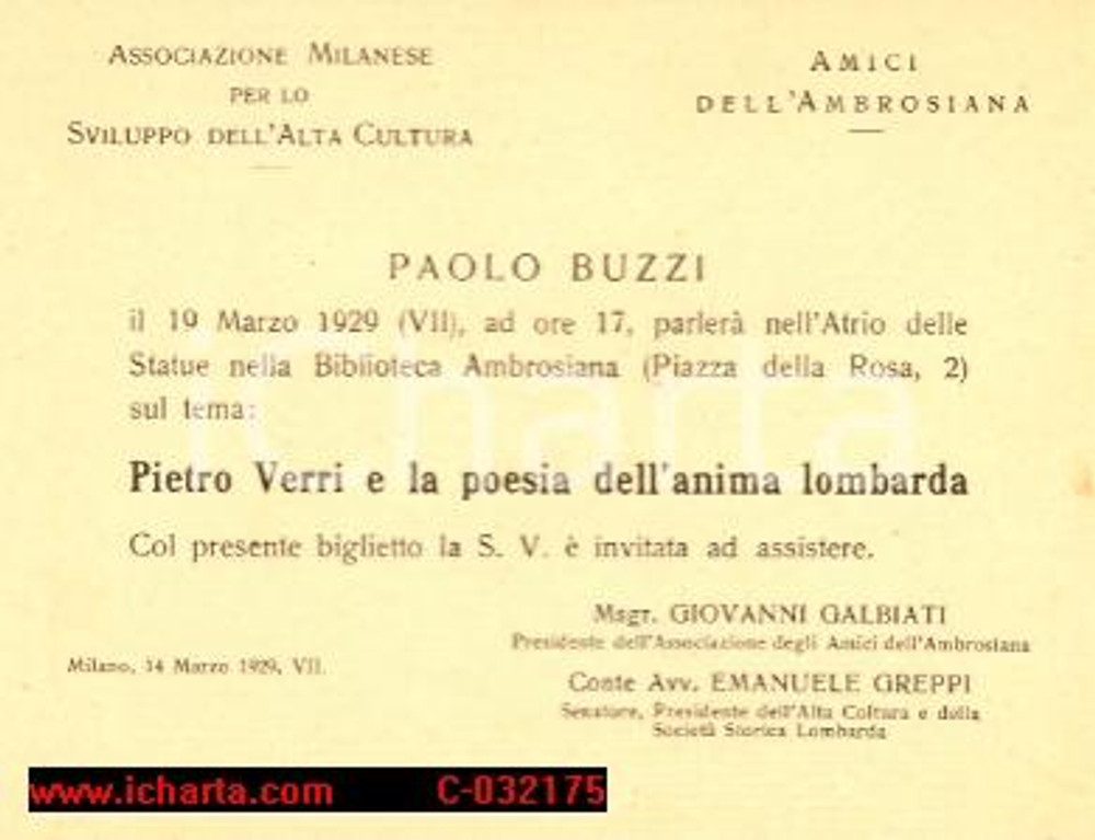 Oggetto da collezione cartaceo 1929 PAOLO BUZZI Invito conferenza Pietro Verri 1