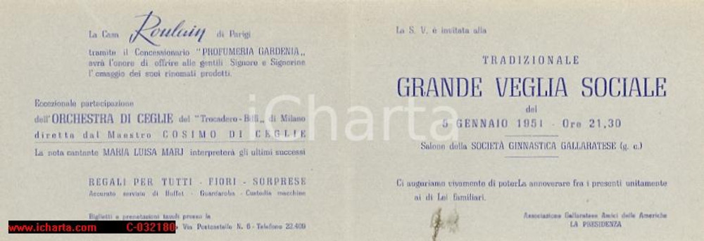 Oggetto da collezione cartaceo 1951 GALLARATE Amici delle Americhe - invito 1