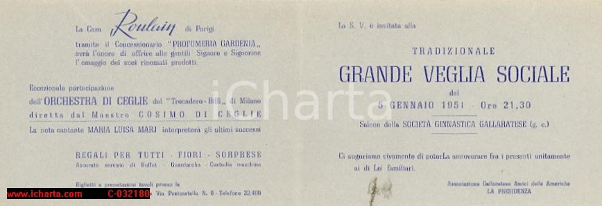 Oggetto da collezione cartaceo 1951 GALLARATE Amici delle Americhe  Grande Veglia Sociale Invito 1