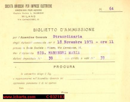 Oggetto da collezione cartaceo 1931 MILANO Società BRIOSCHI IMPRESE ELETTRICHE Assemblea Azionisti 1