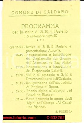 Oggetto da collezione cartaceo 1931 CALDARO BZ Festa per visita del Prefetto, cartoncino con programma 1