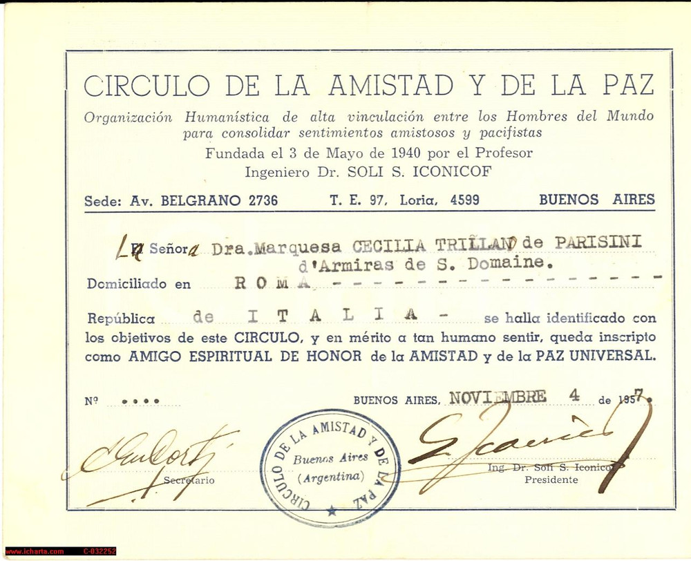 Oggetto da collezione cartaceo 1957 BUENOS AIRES Circulo de la Amistad y de la Paz TESSERA 1