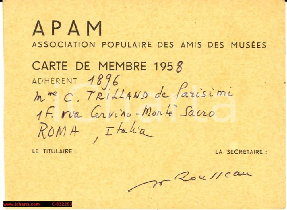Oggetto da collezione cartaceo 1958 PARIS APAM Tessera Jeanne-Cecile TRILLAND PARISINI 1