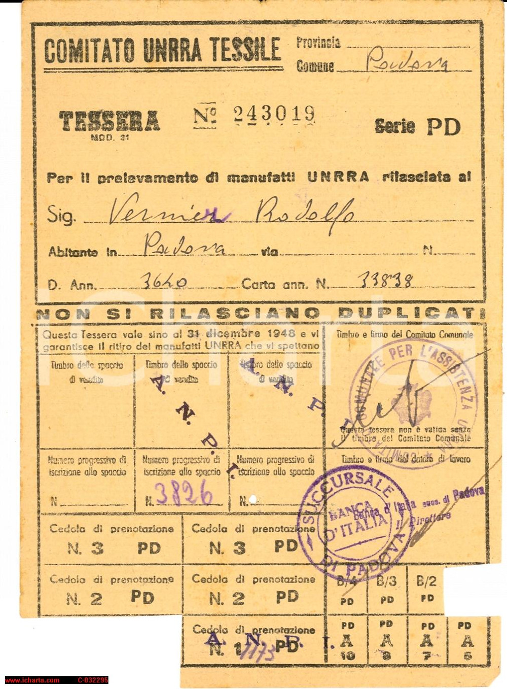Oggetto da collezione cartaceo 1945 (?) PADOVA UNRRA Tessile Rodolfo VERNIER Tessera 1