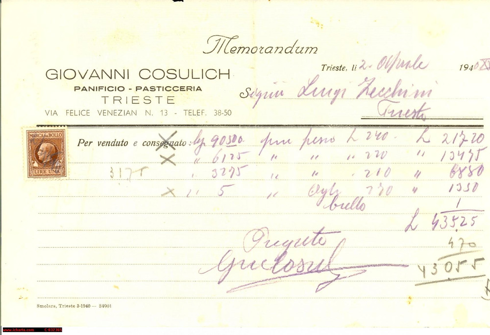 Documento originale, autentico 1940 TRIESTE Consegna pane fresco Giovanni COSULICH 1