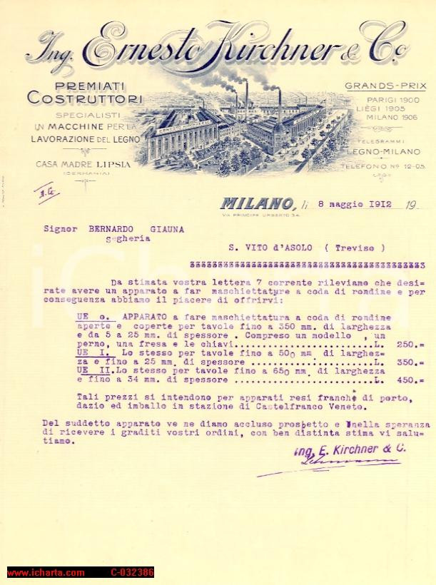Documento originale, autentico 1912 MILANO Ing. ERNESTO KIRCHNER Lettera su carta intestata 1