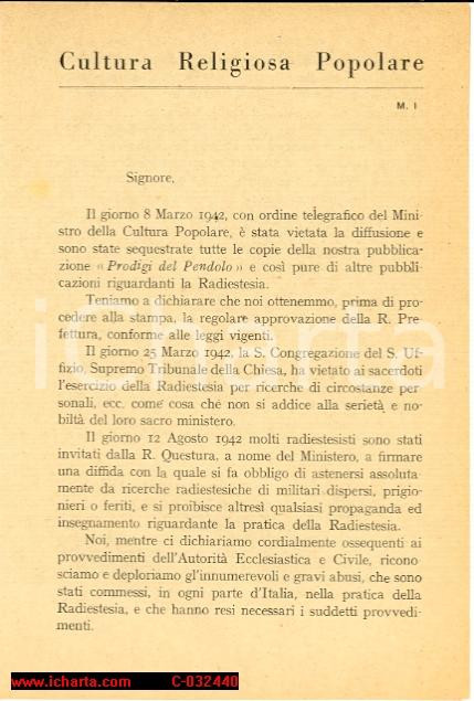 Documento originale, autentico 1942 RADIESTESIA Minculpop proibizione diffusione pubblicazioni 1