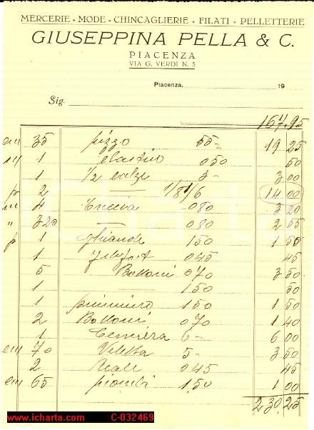 Documento originale, autentico 1930 ca PIACENZA Via Verdi 5 Conto Giuseppina PELLA mercerie e mode 1