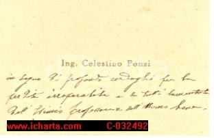 Oggetto da collezione cartaceo 1890 PARMA Ing. CELESTINO PONZI biglietto visita e nota autografa 1