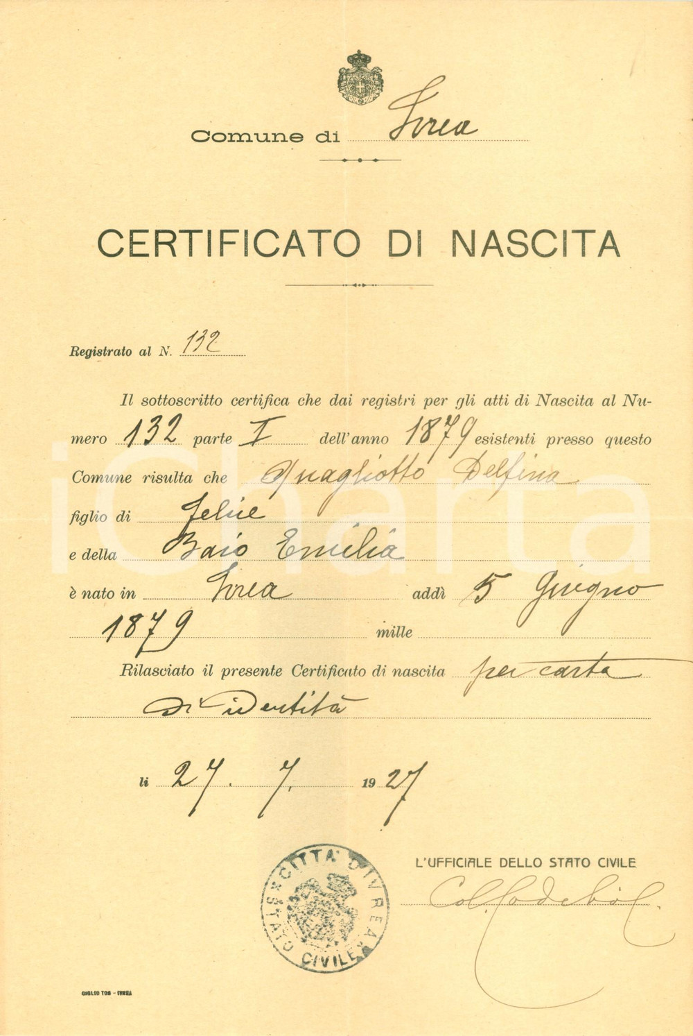 Documento originale, autentico 1927 IVREA (TO) Certificato di nascita di Delfina QUAGLIOTTO *Documento 1