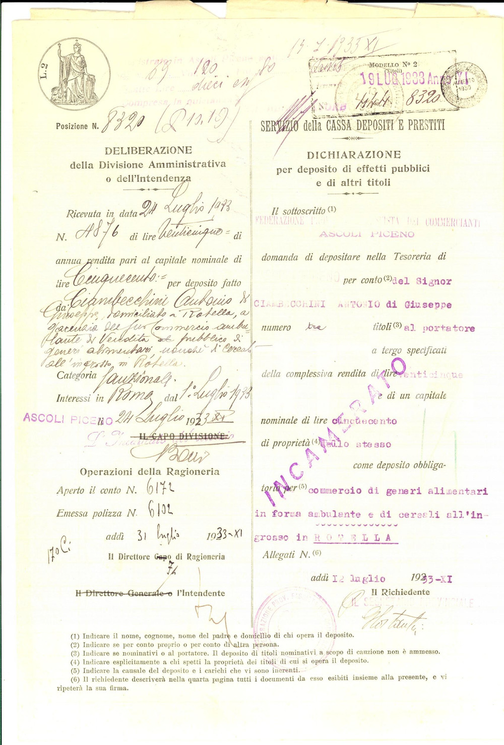 Oggetto da collezione cartaceo 1933 ASCOLI PICENO Deposito Antonio CIAMBECCHINI - Titoli al portatore 1