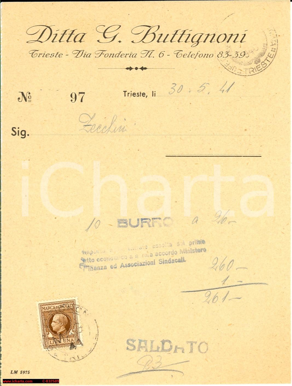 Documento originale, autentico 1941 TRIESTE Acquisto burro Ditta G. BUTTIGNONI 1
